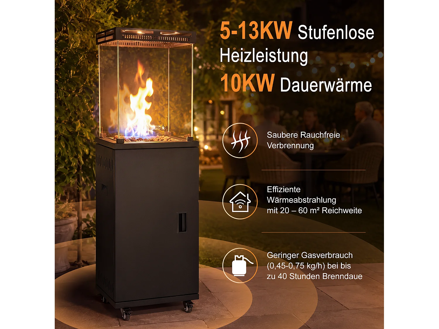 NETTLIFE Chauffage Terrasse Gaz Roulettes 42x42x191 cm Noir 5-13 kW 60 m2 Piezo Anti-Basculement