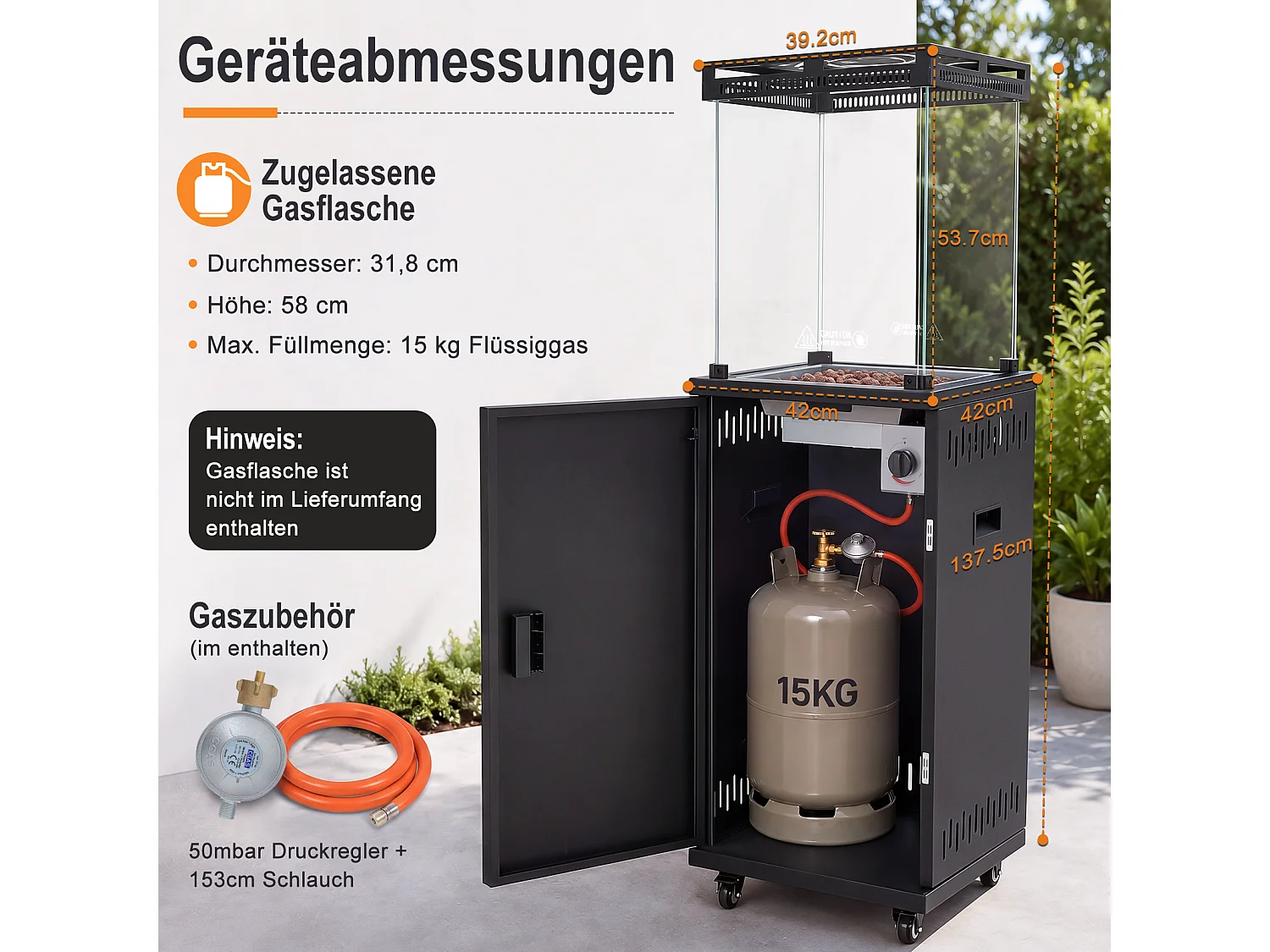 NETTLIFE Chauffage Terrasse Gaz Roulettes 42x42x191 cm Noir 5-13 kW 60 m2 Piezo Anti-Basculement