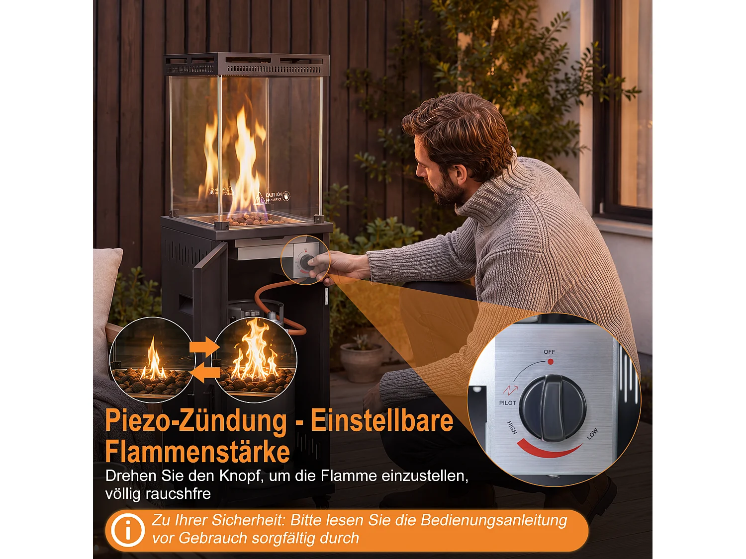 NETTLIFE Chauffage Terrasse Gaz Roulettes 42x42x191 cm Noir 5-13 kW 60 m2 Piezo Anti-Basculement