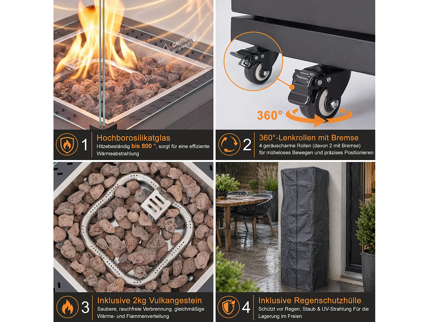 NETTLIFE Chauffage Terrasse Gaz Roulettes 42x42x191 cm Noir 5-13 kW 60 m2 Piezo Anti-Basculement