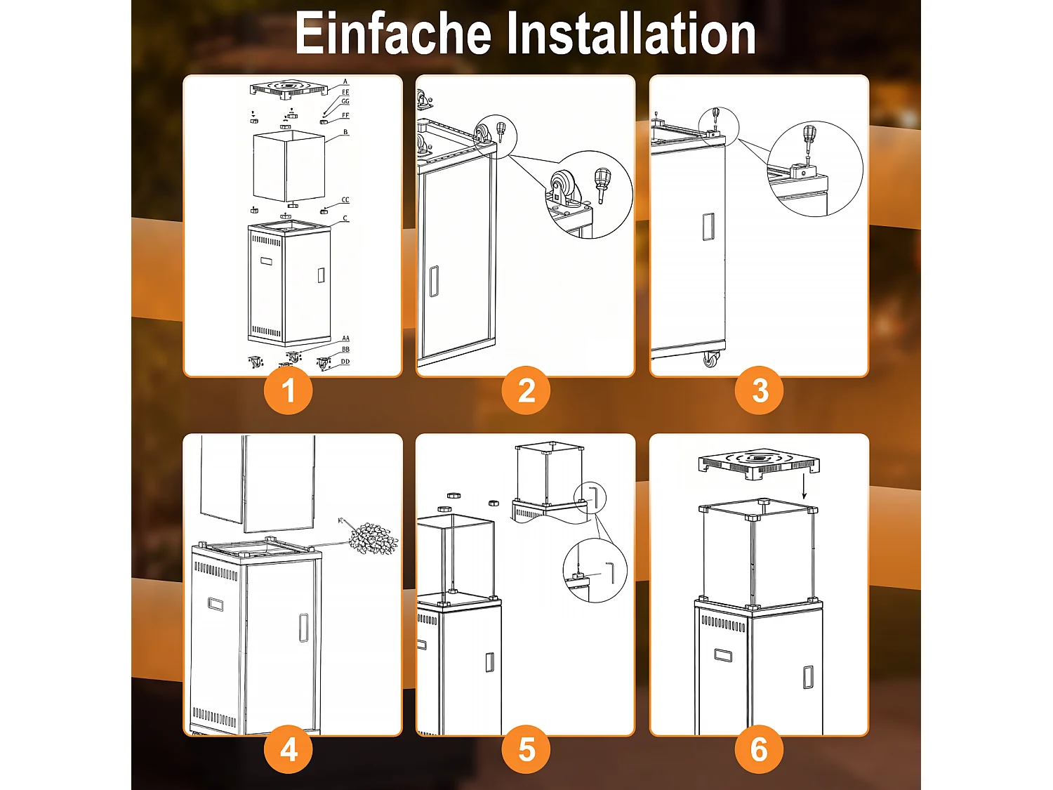 NETTLIFE Chauffage Terrasse Gaz Roulettes 42x42x191 cm Noir 5-13 kW 60 m2 Piezo Anti-Basculement