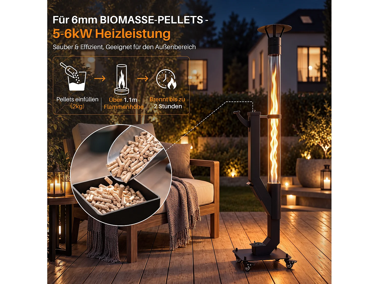 NETTLIFE Colonne de Feu à Granulés sur Roulettes, Acier Noir, 1,1 m, 5-6 kW,  Chauffage d'Extérieur / Jardin