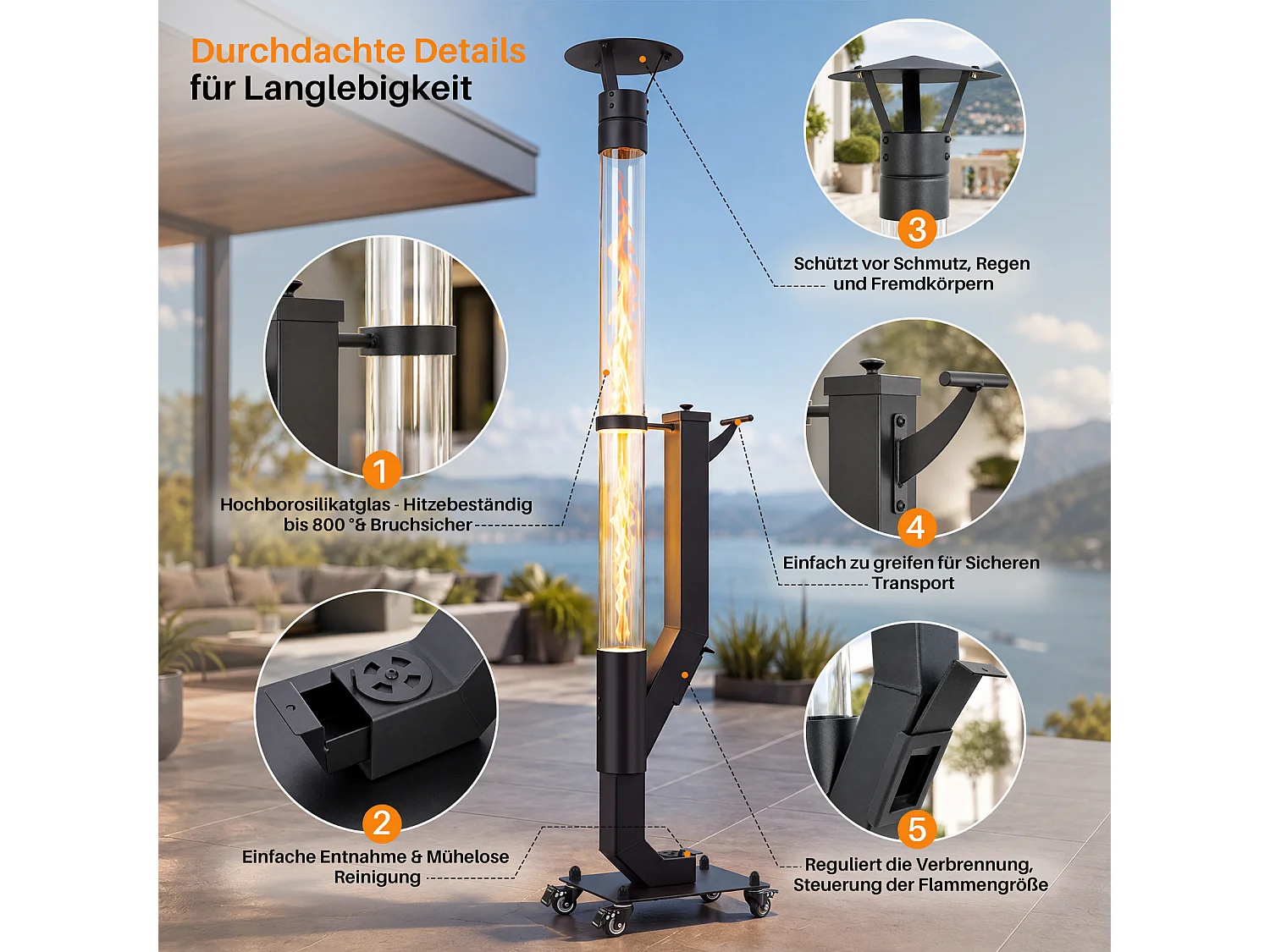 NETTLIFE Colonne de Feu à Granulés sur Roulettes, Acier Noir, 1,1 m, 5-6 kW,  Chauffage d'Extérieur / Jardin