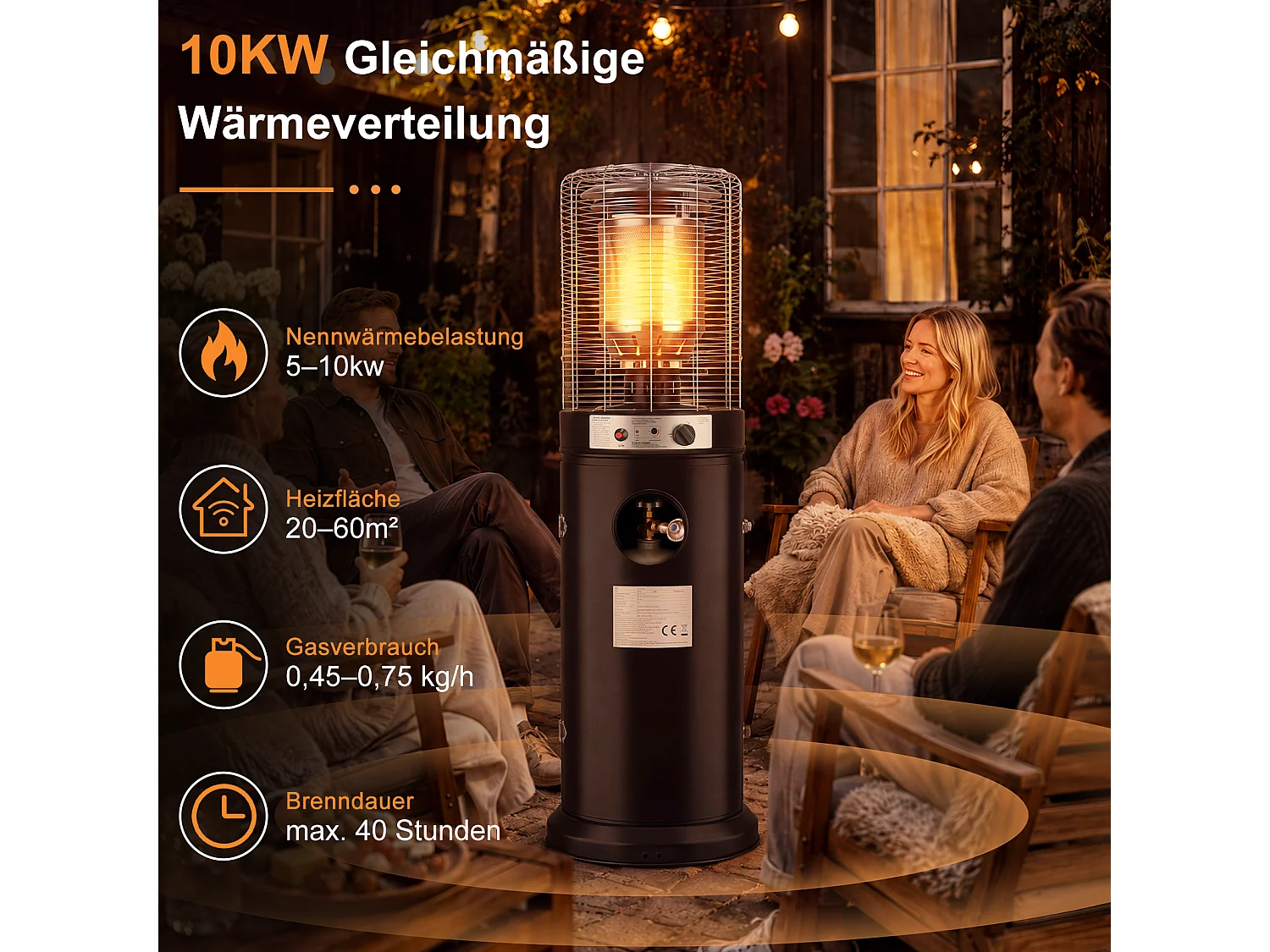 NETTLIFE Chauffage Terrasse Gaz Roulettes 42x42x191cm Acier Noir 5-13kW 60m2 Piezo Anti-Basculement