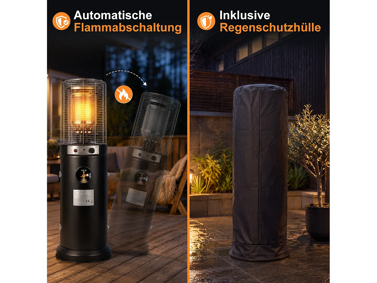 NETTLIFE Chauffage Terrasse Gaz Roulettes 42x42x191cm Acier Noir 5-13kW 60m2 Piezo Anti-Basculement