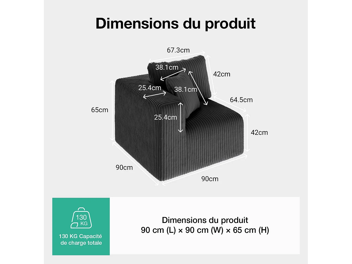 Novilla Canapé d'angle Modulable avec Accoudoir à Gauche, 90×90×65CM, Gris Foncé