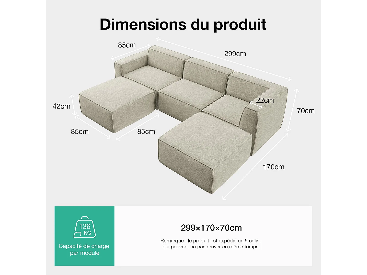 Novilla Canapé d'angle Modulable, Convertible 5 Places Compressé en Chenille (Déperlant, Oléofuge, Antitache), 299x170x70CM, Beige