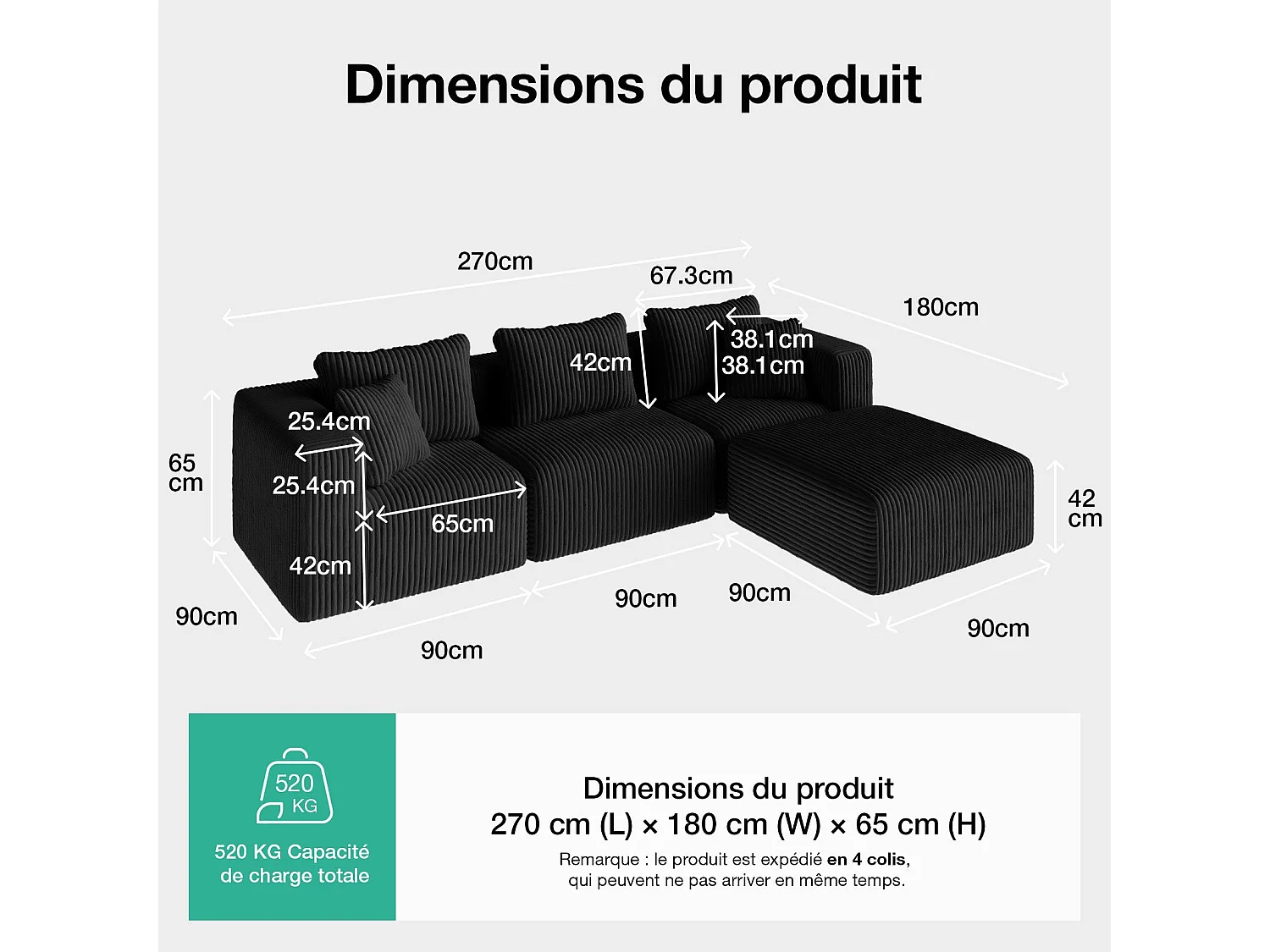 Novilla Canapé d'angle Modulable 4 Places Compressé, Smarts Coil® Ressorts sans Montage, 270×180×65CM avec 5 Coussins, Noir