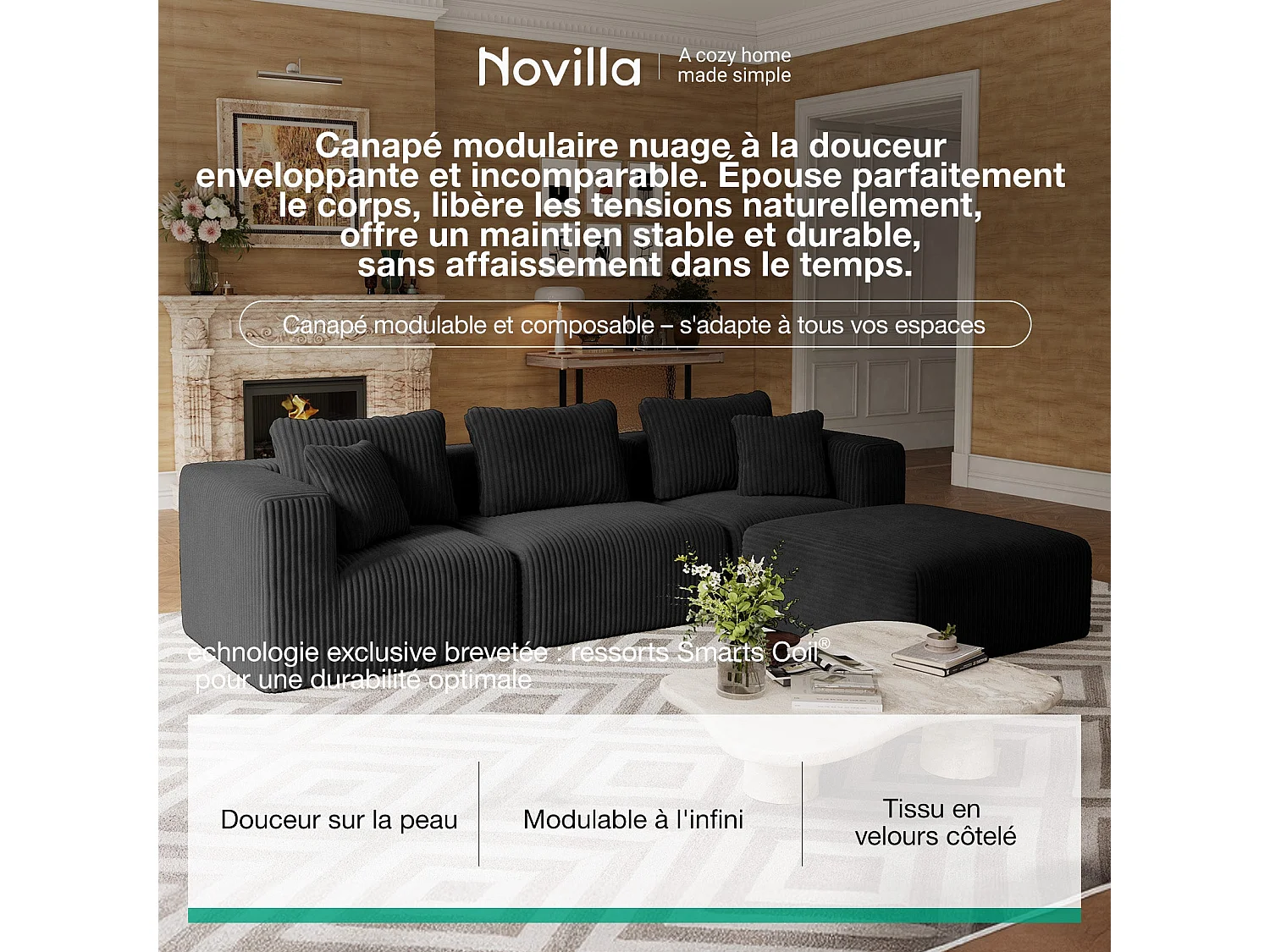 Novilla Canapé d'angle Modulable 4 Places Compressé, Smarts Coil® Ressorts sans Montage, 270×180×65CM avec 5 Coussins, Noir