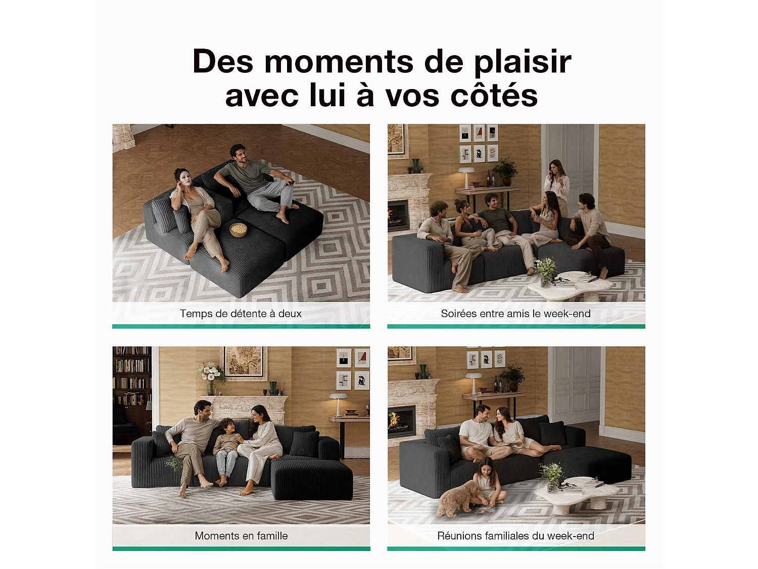 Novilla Canapé d'angle Modulable 4 Places Compressé, Smarts Coil® Ressorts sans Montage, 270×180×65CM avec 5 Coussins, Noir