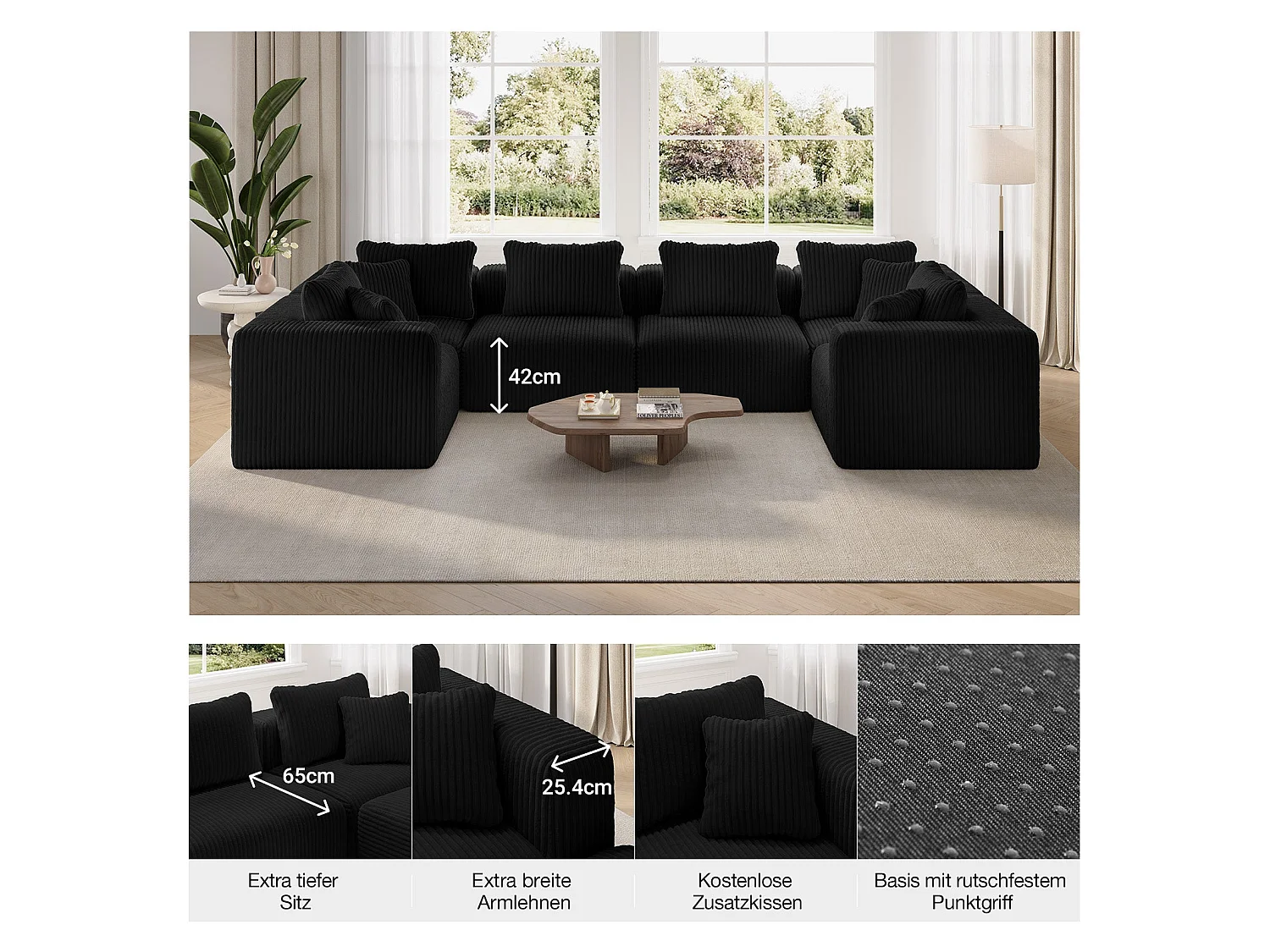 Novilla Canapé d'angle Modulable 4 Places Compressé, Smarts Coil® Ressorts sans Montage, 270×180×65CM avec 5 Coussins, Noir