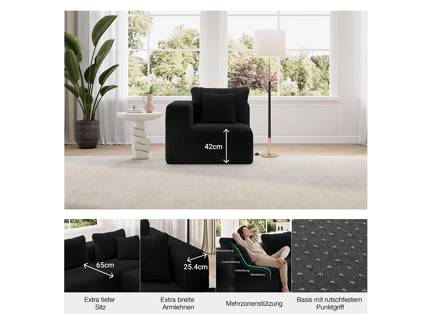Novilla Canapé d'angle Modulable 4 Places Compressé, Smarts Coil® Ressorts sans Montage, 270×180×65CM avec 5 Coussins, Noir