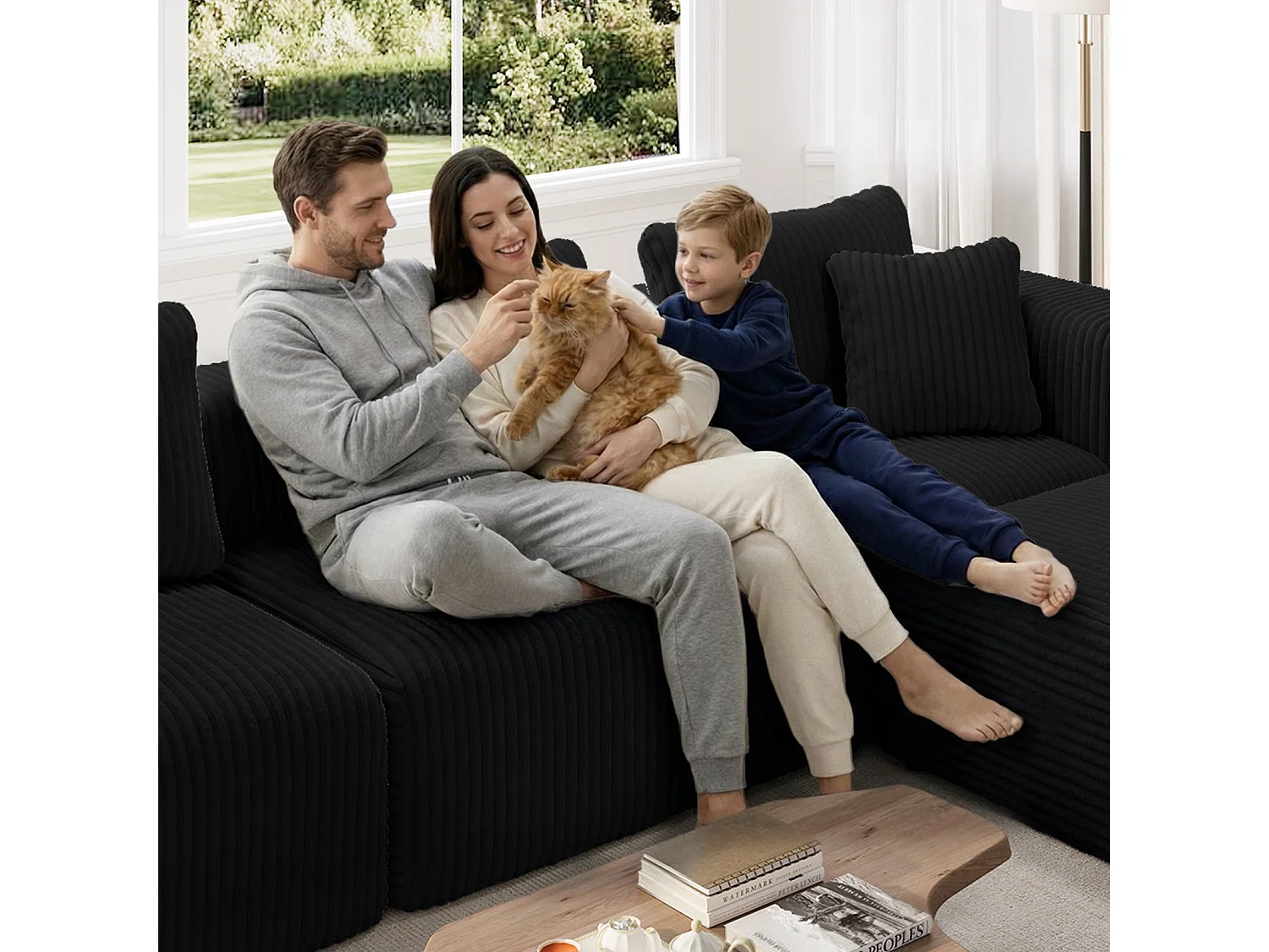 Novilla Canapé d'angle Modulable 4 Places Compressé, Smarts Coil® Ressorts sans Montage, 270×180×65CM avec 5 Coussins, Noir