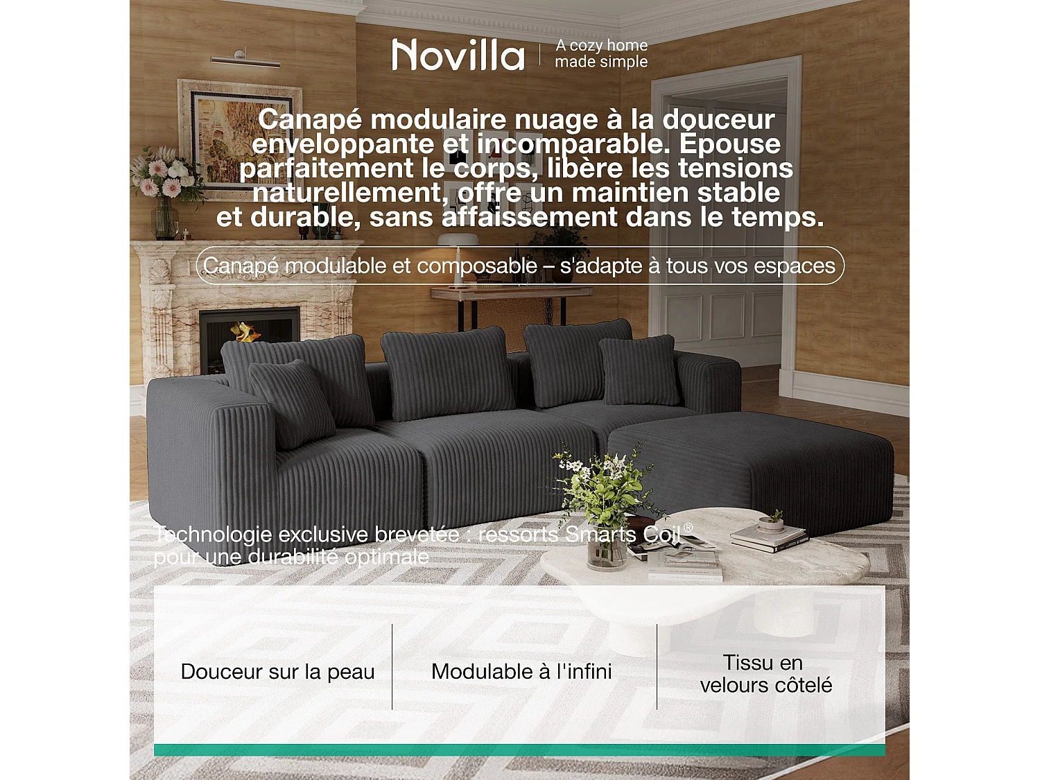 Novilla Canapé d'angle Modulable, Convertible Pouf Compressé 90x90x42cm, Gris Foncé