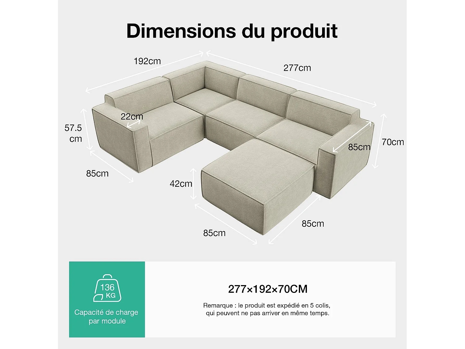 Novilla Canapé d'angle Modulable, Convertible 5 Places Compressé en Chenille (Déperlant, Oléofuge, Antitache), 277×192×70CM, Beige