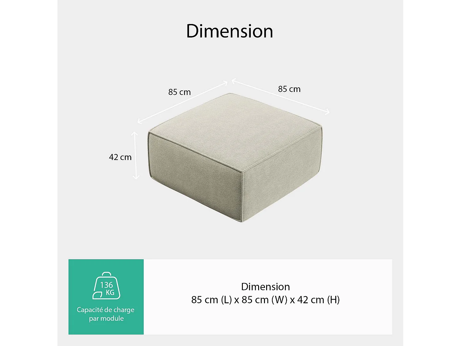 Novilla Canapé d'angle Modulable, Convertible Pouf Compressé en Chenille (Déperlant, Oléofuge, Antitache), 85x85x42CM, Beige