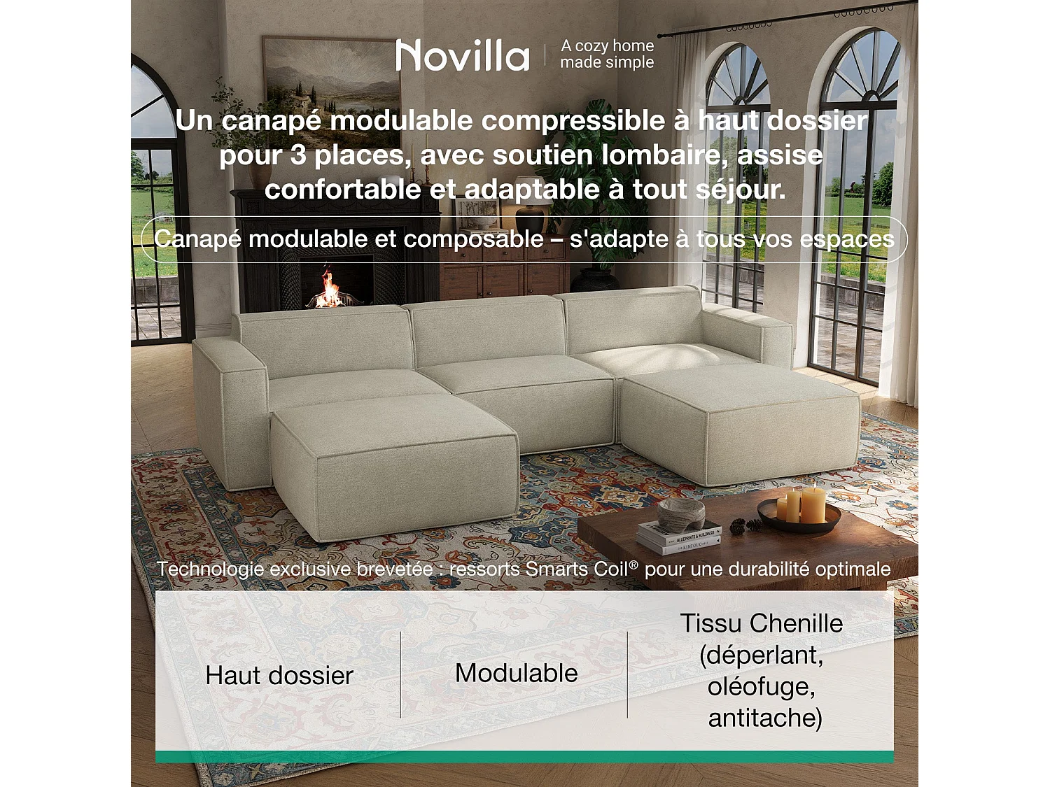 Novilla Canapé d'angle Modulable, Convertible Pouf Compressé en Chenille (Déperlant, Oléofuge, Antitache), 85x85x42CM, Beige