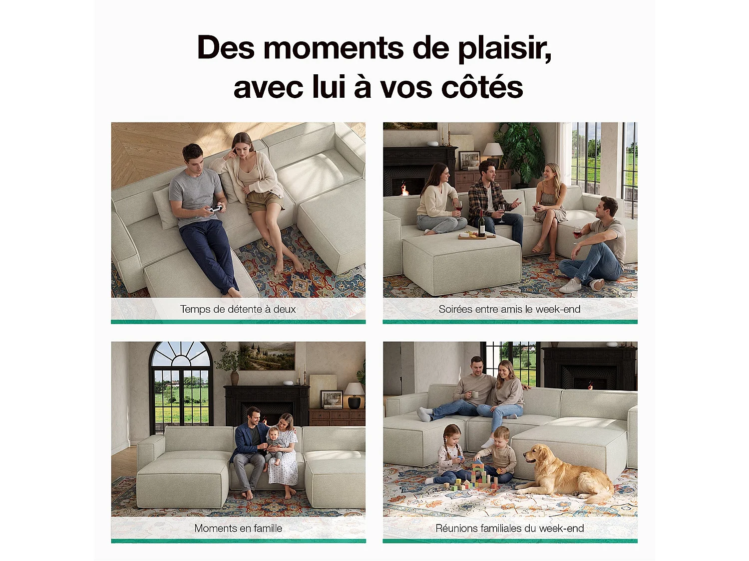 Novilla Canapé d'angle Modulable, Convertible Pouf Compressé en Chenille (Déperlant, Oléofuge, Antitache), 85x85x42CM, Beige