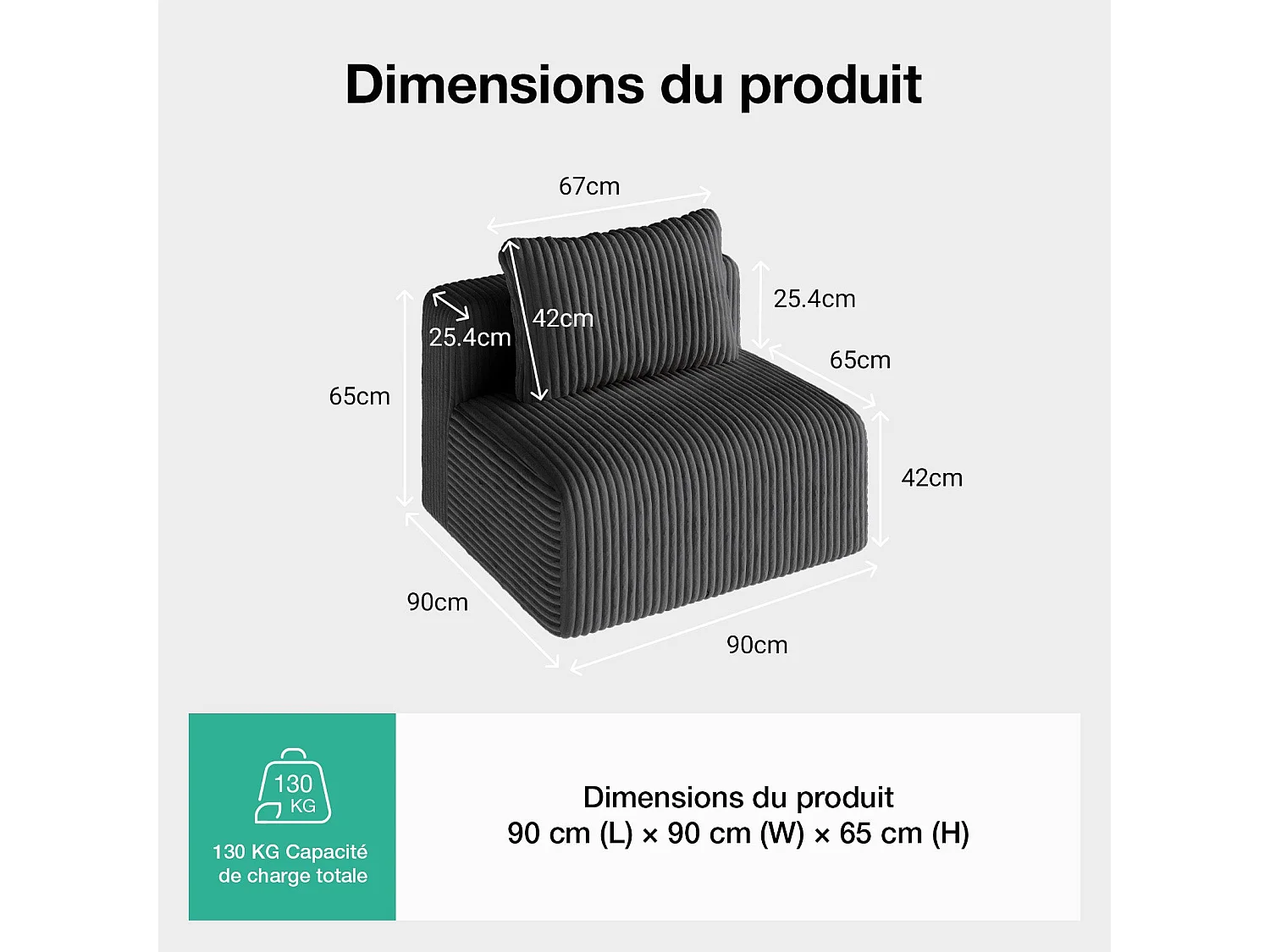 Novilla Canapé d'angle Modulable sans Accoudoirs, 90×90×65CM, Gris Foncé