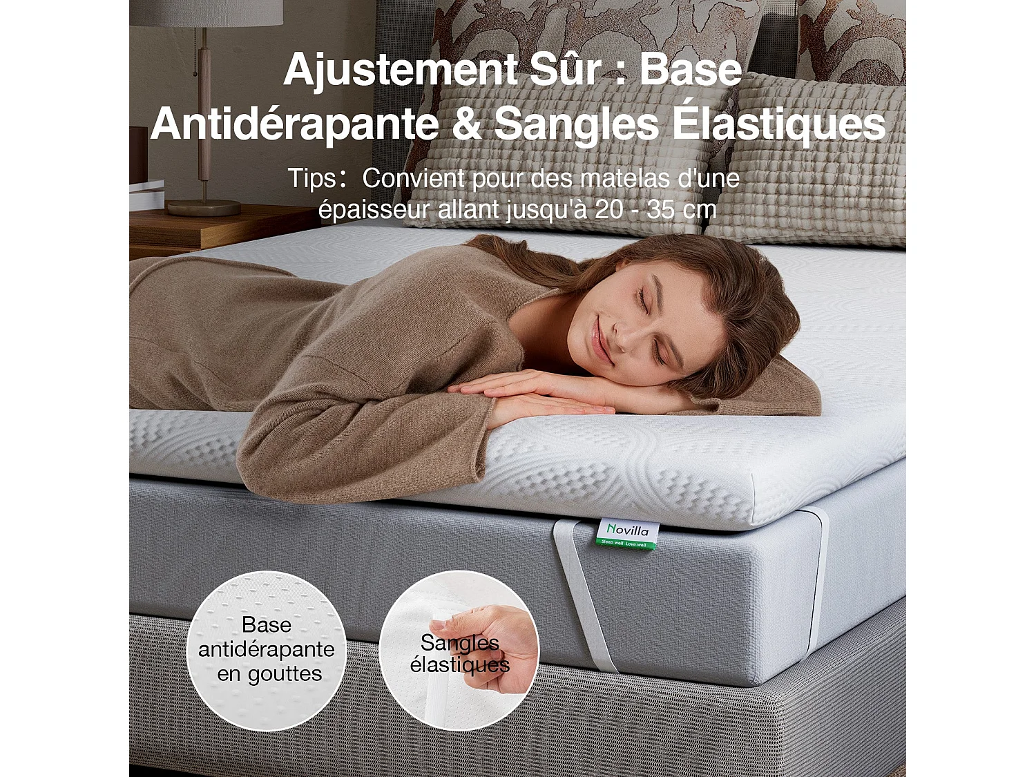 Novilla Surmatelas - Mousse à mémoire de forme gel - Antidérapant avec housse lavable - 140 x 190 cm - Épaisseur 5 cm