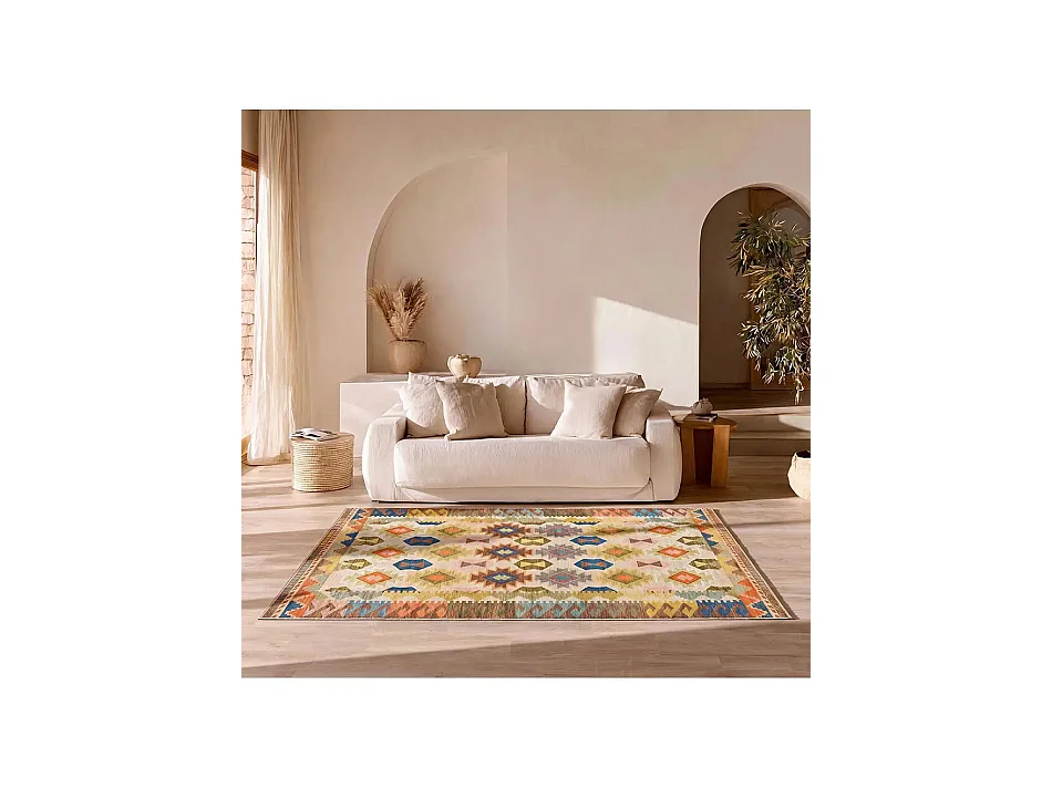 Tapis intérieur lavable antidérapant - ethnique - multicolore - 140 x 200 cm - SERAK