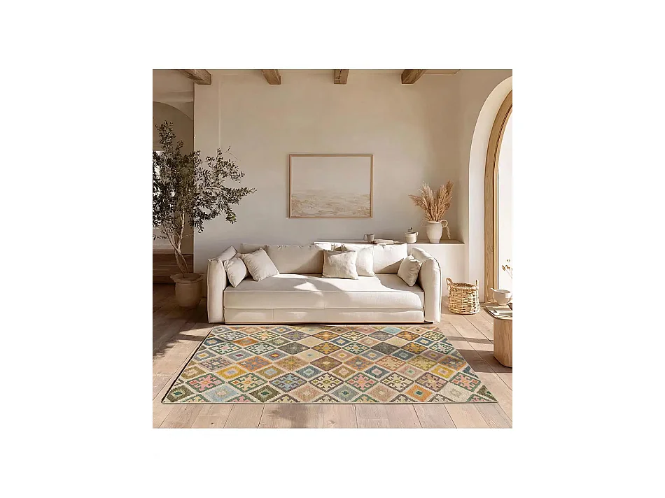 Laagpolig tapijt - wasbaar antislip - etnisch - veelkleurig - 80x150 cm - SERAK