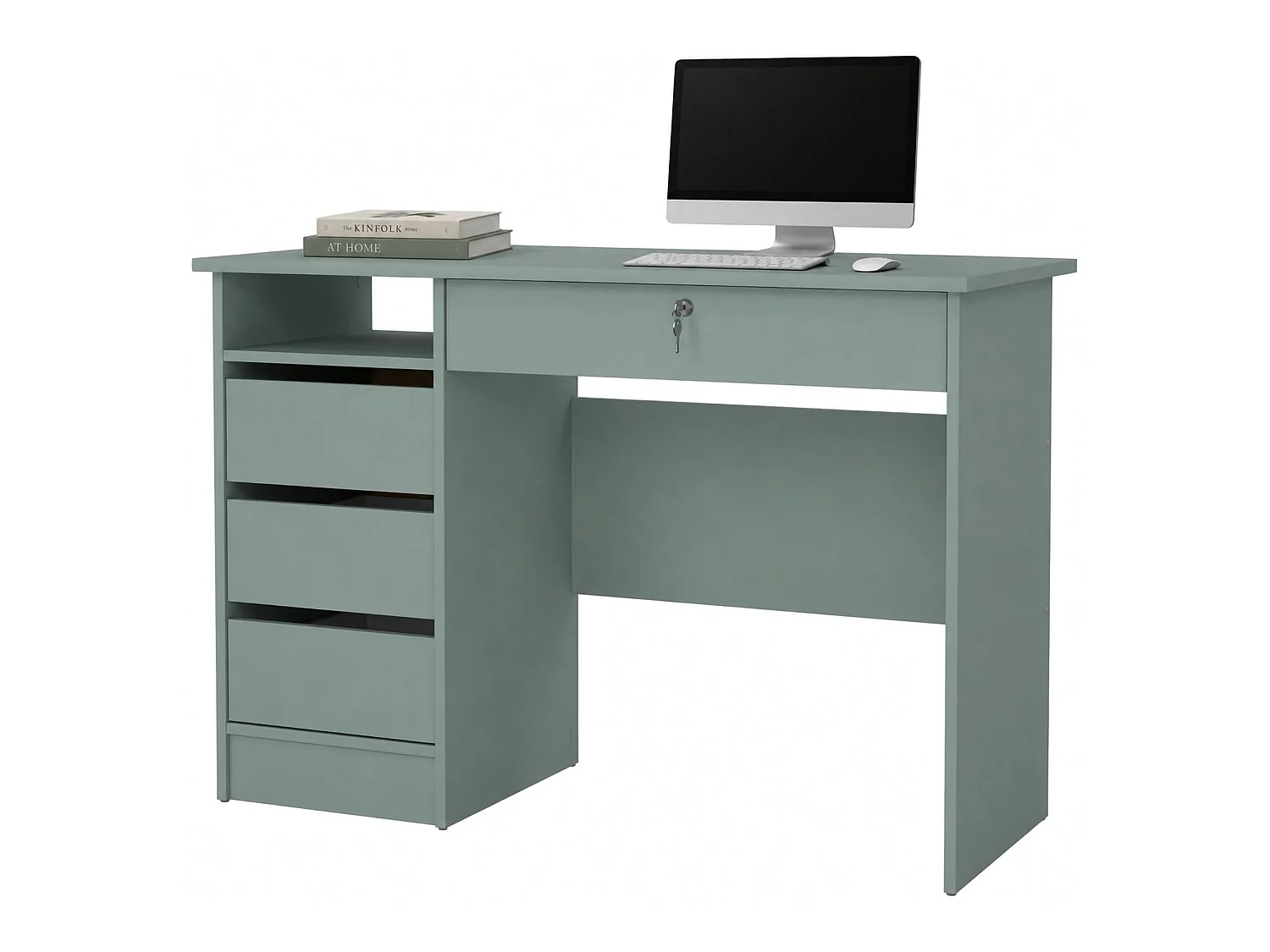 Schreibtisch Franklin, ein Regal, 109x49x76h cm Salbeigrün, 4 Schubladen, ein Fach