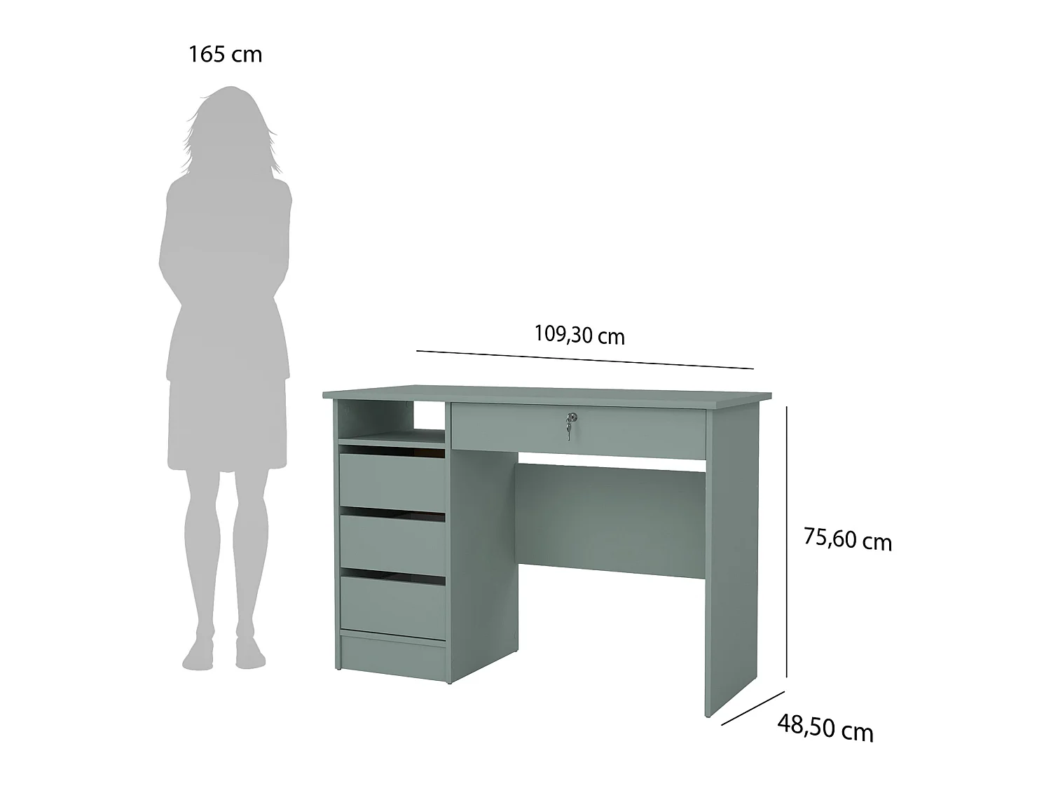 Schreibtisch Franklin, ein Regal, 109x49x76h cm Salbeigrün, 4 Schubladen, ein Fach