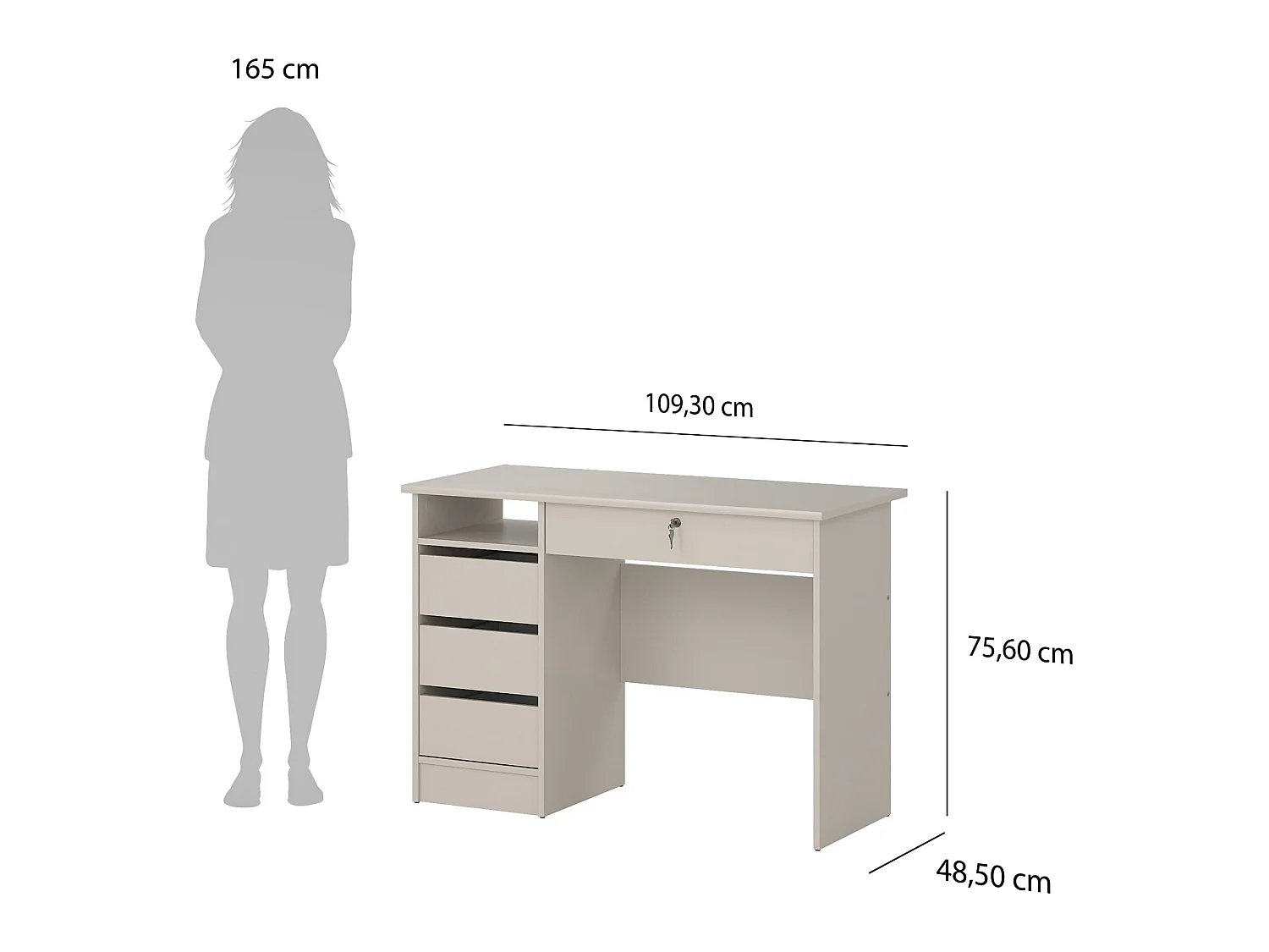 Scrivania Franklin, un Ripiano, 109x49x76h cm Beige Cashmere, 4 Cassetti, un Vano