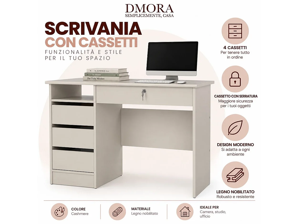 Scrivania Franklin, un Ripiano, 109x49x76h cm Beige Cashmere, 4 Cassetti, un Vano