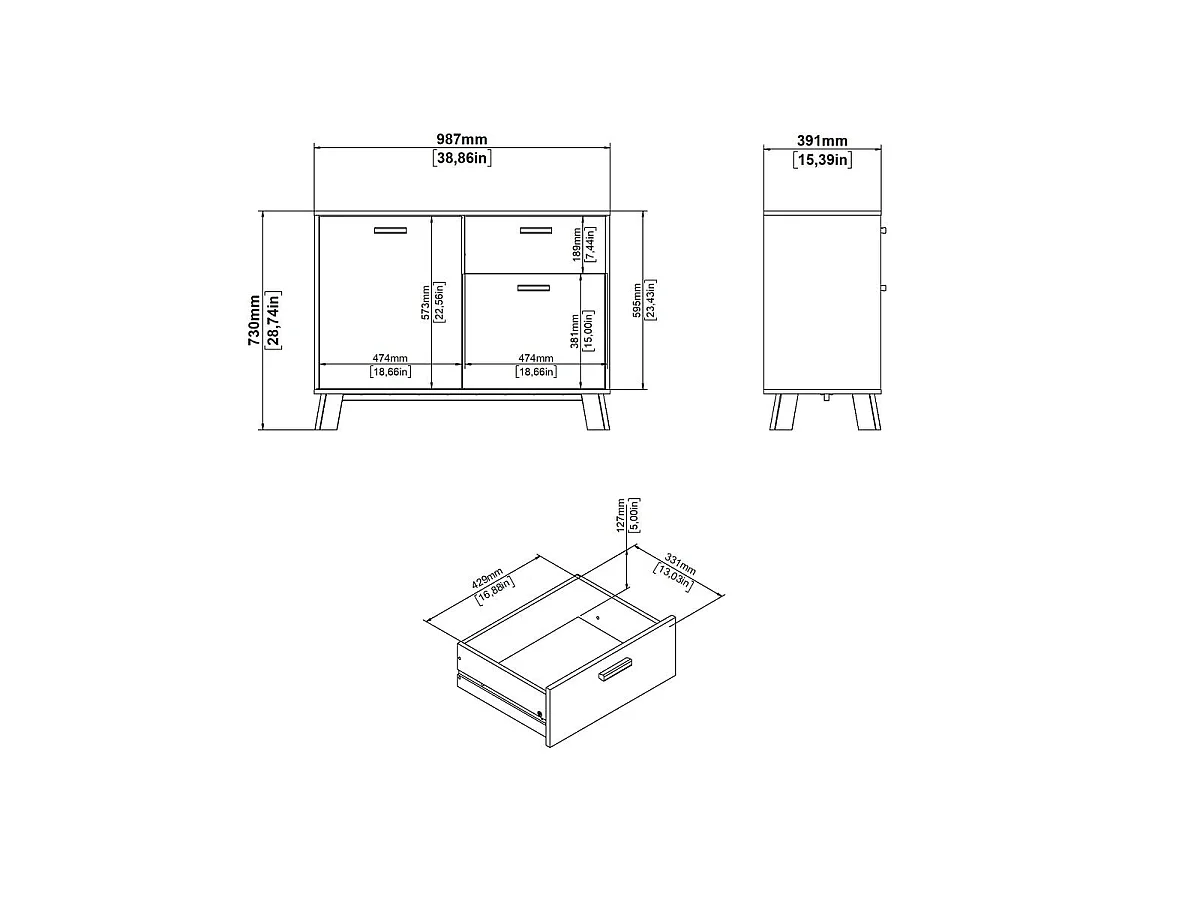 Buffet 2 portes, 1 tiroir décor chêne et blanc L98,7 cm - STORM