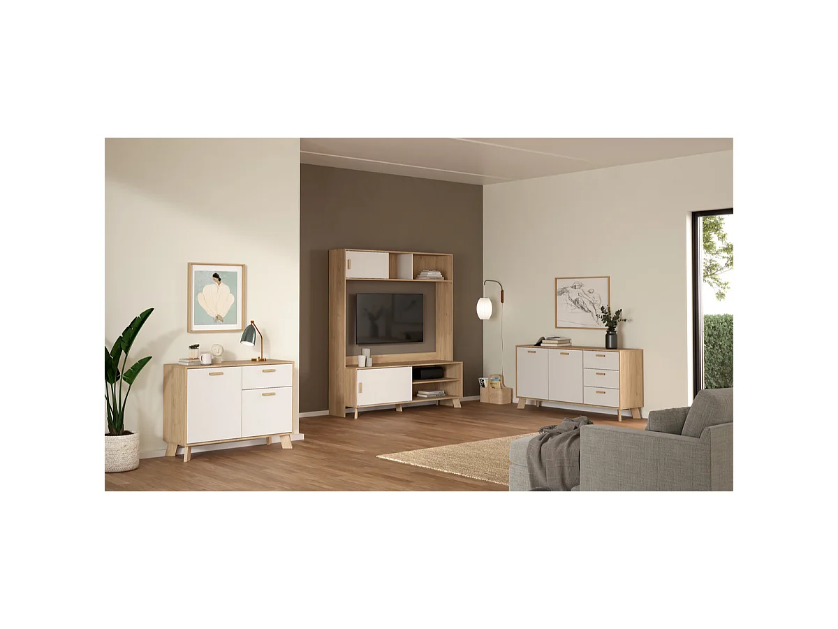 Buffet 2 portes, 1 tiroir décor chêne et blanc L98,7 cm - STORM