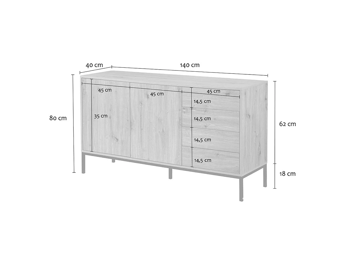 Buffet 2 portes et 4 tiroirs L140 cm LENNY