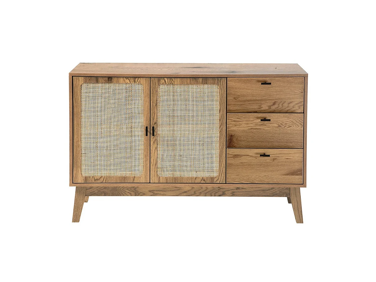 Buffet 2 portes et 3 tiroirs avec façades en rotin L120 cm - ALIA