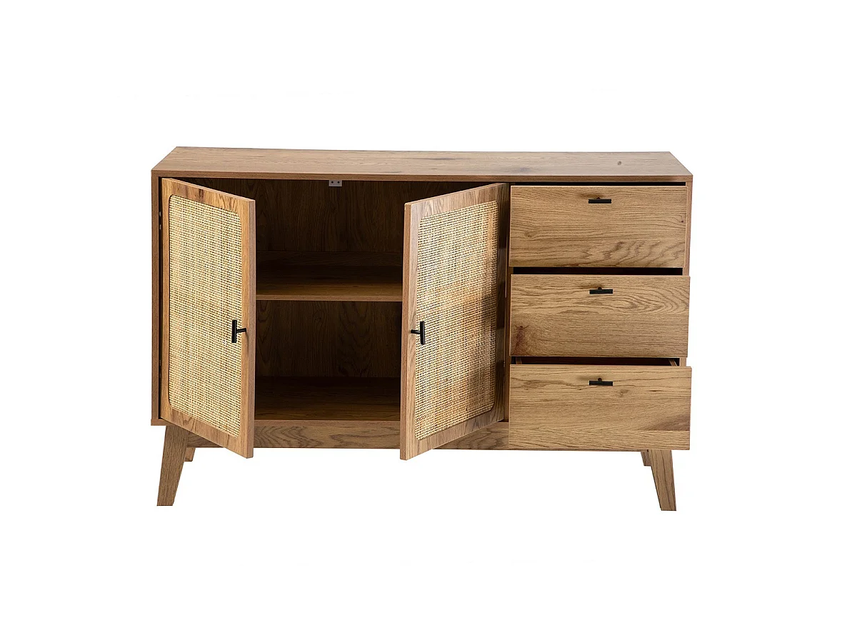 Buffet 2 portes et 3 tiroirs avec façades en rotin L120 cm - ALIA