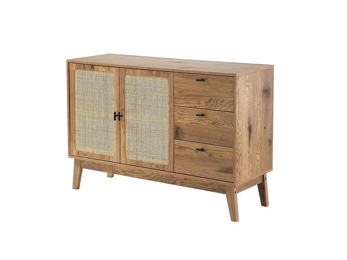 Buffet 2 portes et 3 tiroirs avec façades en rotin L120 cm - ALIA