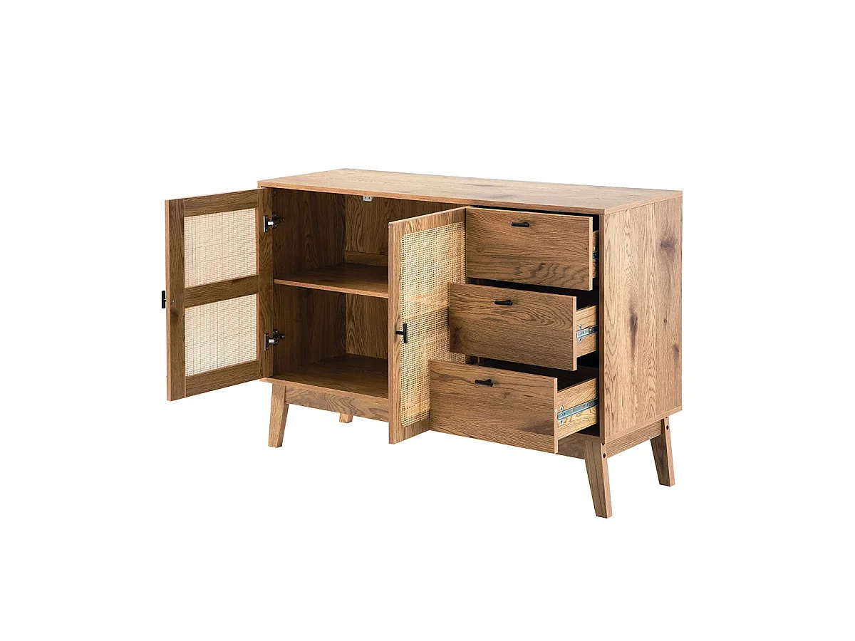 Buffet 2 portes et 3 tiroirs avec façades en rotin L120 cm - ALIA