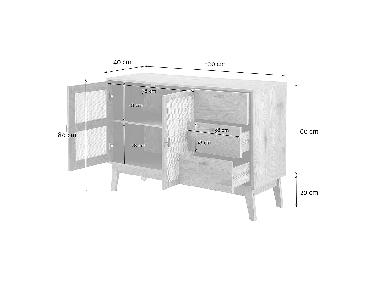 Buffet 2 portes et 3 tiroirs avec façades en rotin L120 cm - ALIA