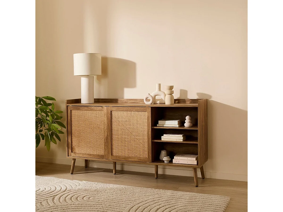 Buffet 2 portes et 2 tiroirs avec façades en rotin L140 cm  PALMO