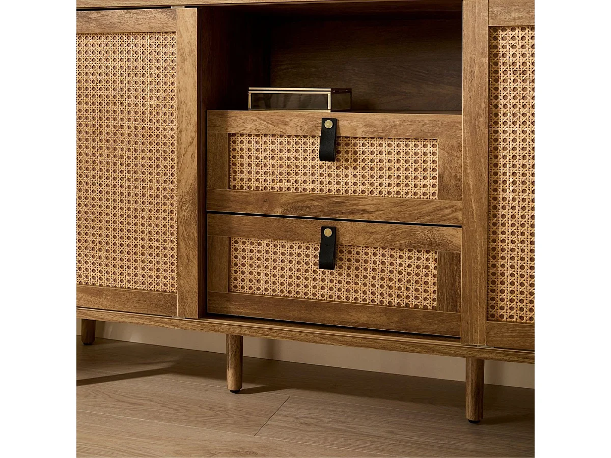Buffet 2 portes et 2 tiroirs avec façades en rotin L140 cm  PALMO