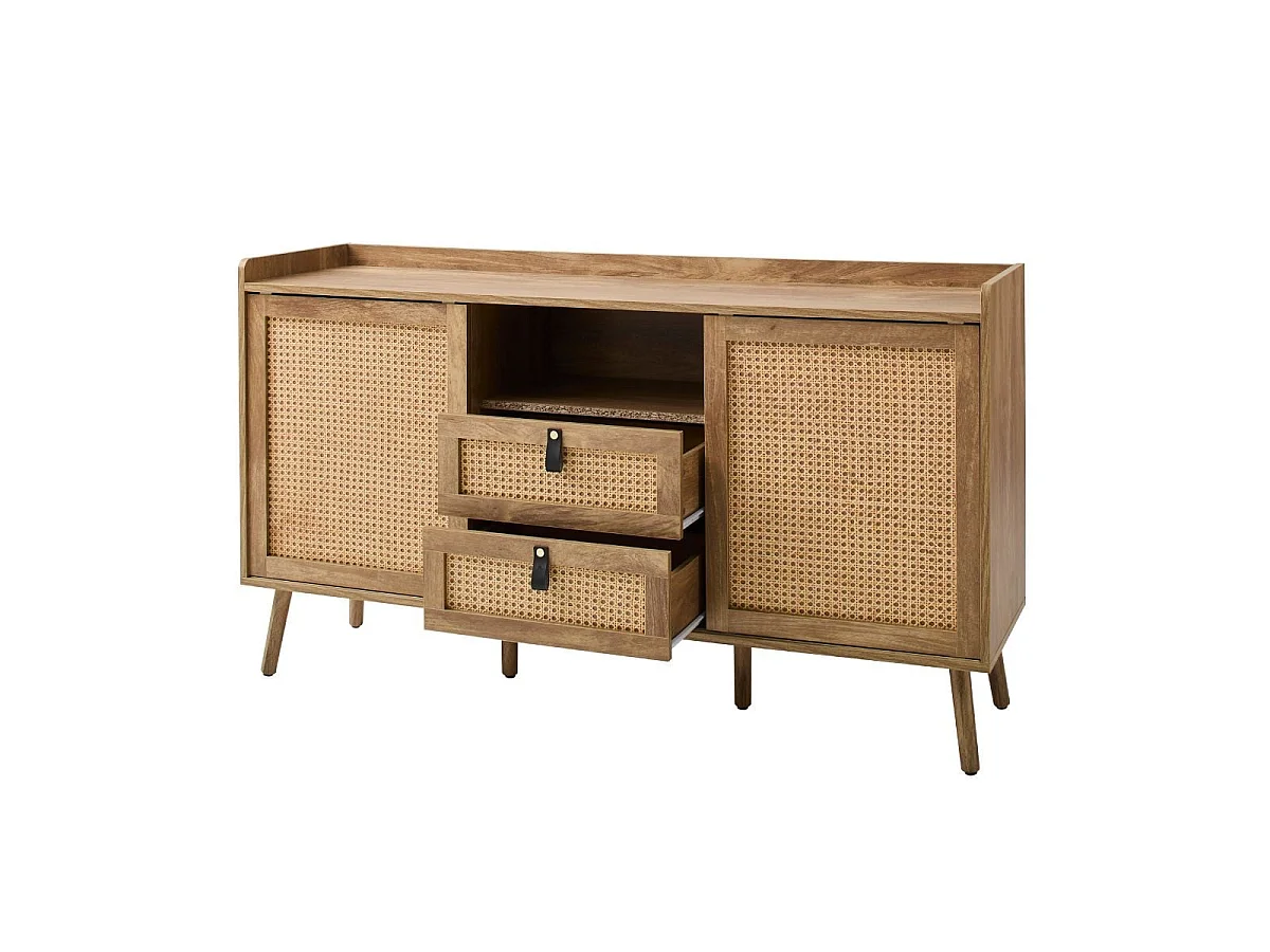 Buffet 2 portes et 2 tiroirs avec façades en rotin L140 cm  PALMO