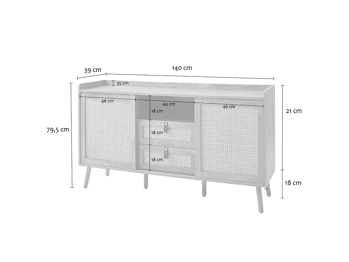 Buffet 2 portes et 2 tiroirs avec façades en rotin L140 cm  PALMO