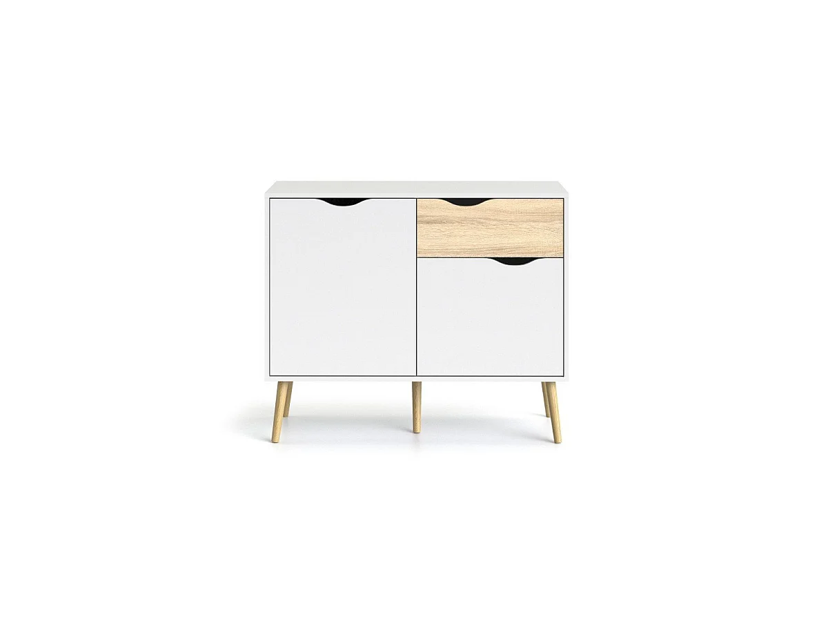 Petit buffet 2 portes, 1 tiroir blanc et décor chêne L98,7 cm - BILLUND