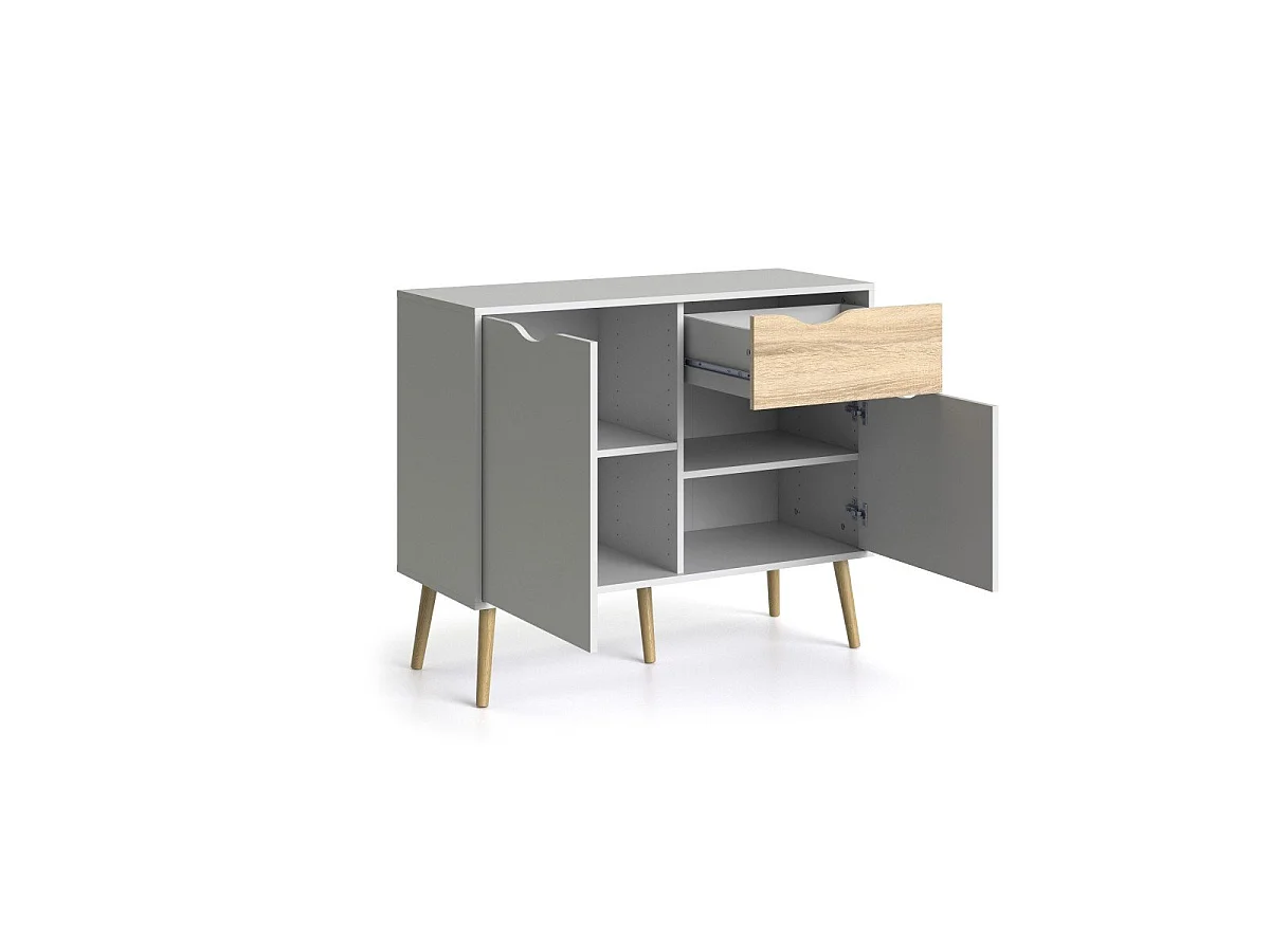 Petit buffet 2 portes, 1 tiroir blanc et décor chêne L98,7 cm - BILLUND