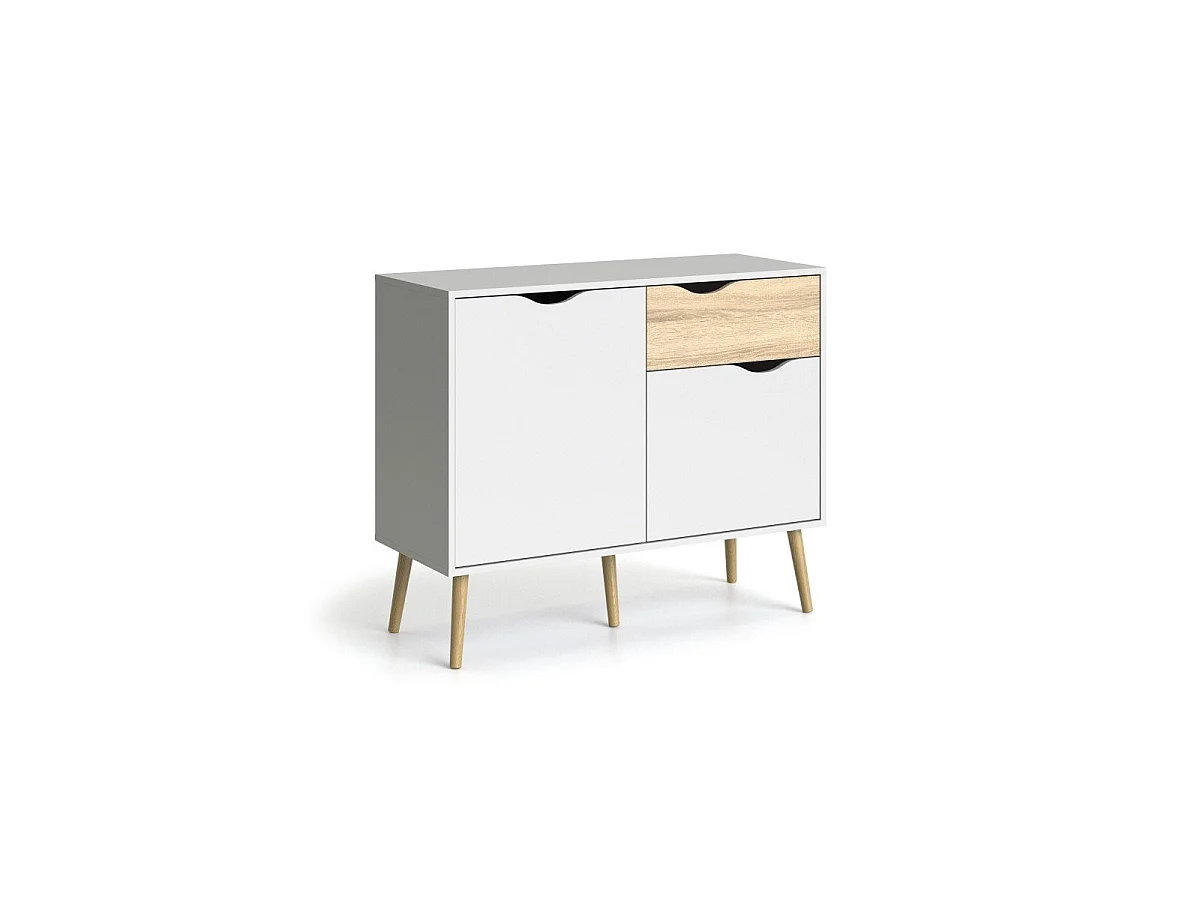 Petit buffet 2 portes, 1 tiroir blanc et décor chêne L98,7 cm - BILLUND