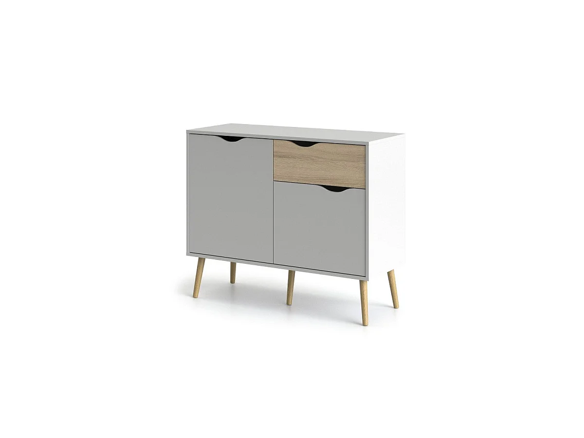 Petit buffet 2 portes, 1 tiroir blanc et décor chêne L98,7 cm - BILLUND