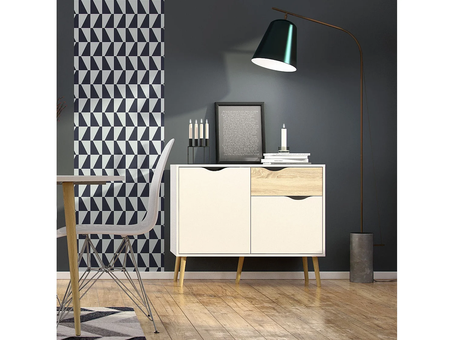 Petit buffet 2 portes, 1 tiroir blanc et décor chêne L98,7 cm - BILLUND