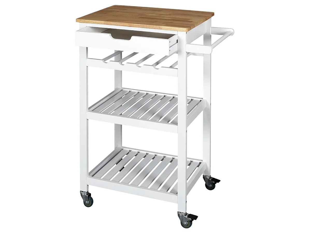 Desserte à roulettes 3 niveaux et 1 tiroir blanc et bois H84 cm - NAYA