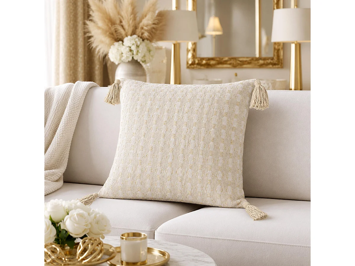 Coussin Déco à Pompons "Perla" 40x40cm Naturel