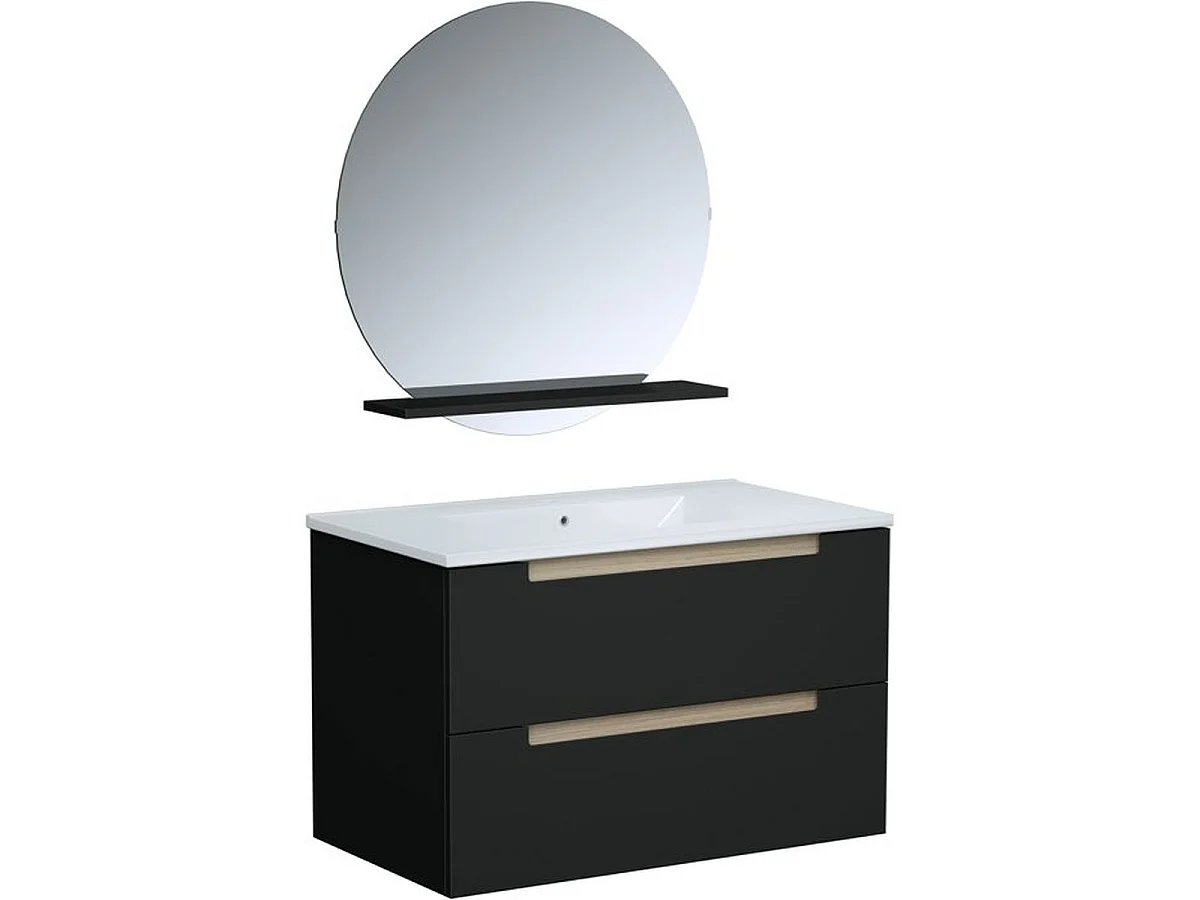 Moderne Zwarte Wandgemonteerde Badkamerset Prizo 80 cm met Keramische Wastafel, Ronde Spiegel en Kolom